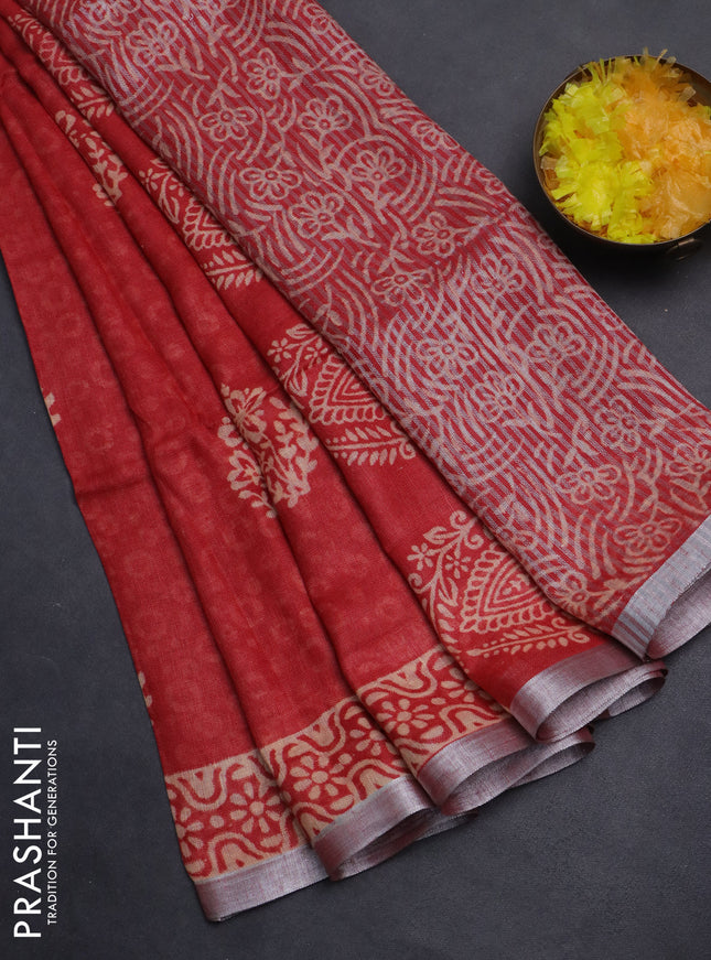 Pure linen saree red with allover butta prints and silver zari woven border
