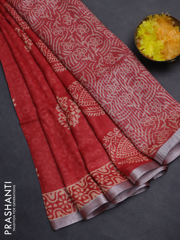 Pure linen saree red with allover butta prints and silver zari woven border
