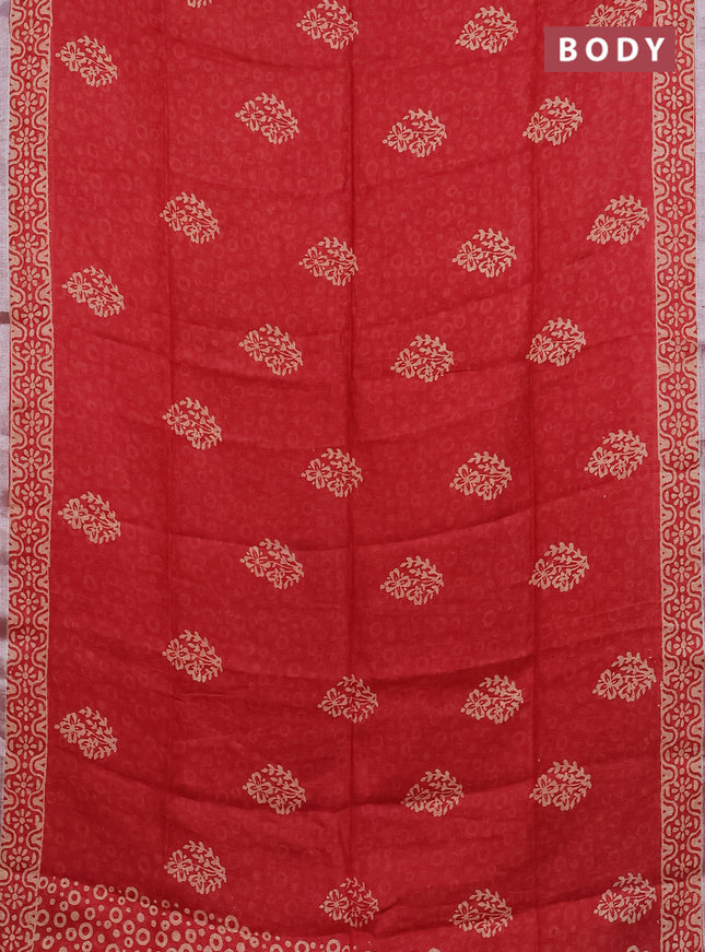 Pure linen saree red with allover butta prints and silver zari woven border