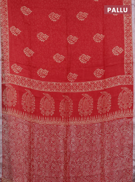 Pure linen saree red with allover butta prints and silver zari woven border