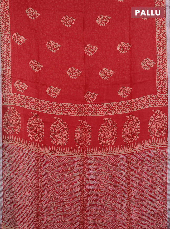 Pure linen saree red with allover butta prints and silver zari woven border