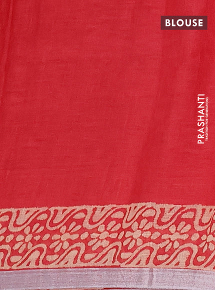 Pure linen saree red with allover butta prints and silver zari woven border
