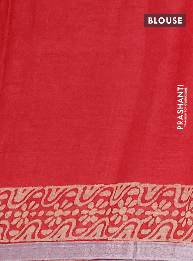 Pure linen saree red with allover butta prints and silver zari woven border