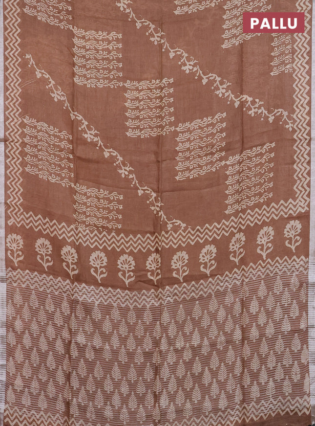 Pure linen saree brown with allover butta prints and silver zari woven border