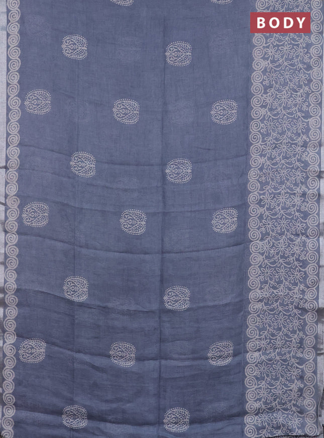 Pure linen saree pastel blue with allover butta prints and silver zari woven border