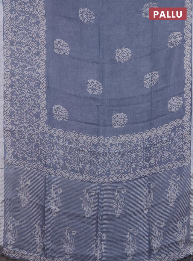 Pure linen saree pastel blue with allover butta prints and silver zari woven border