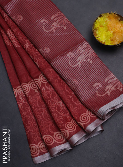 Pure linen saree maroon with allover butta prints and silver zari woven border
