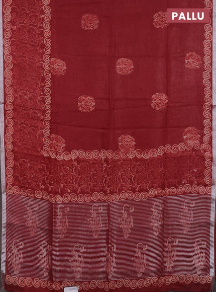 Pure linen saree maroon with allover butta prints and silver zari woven border