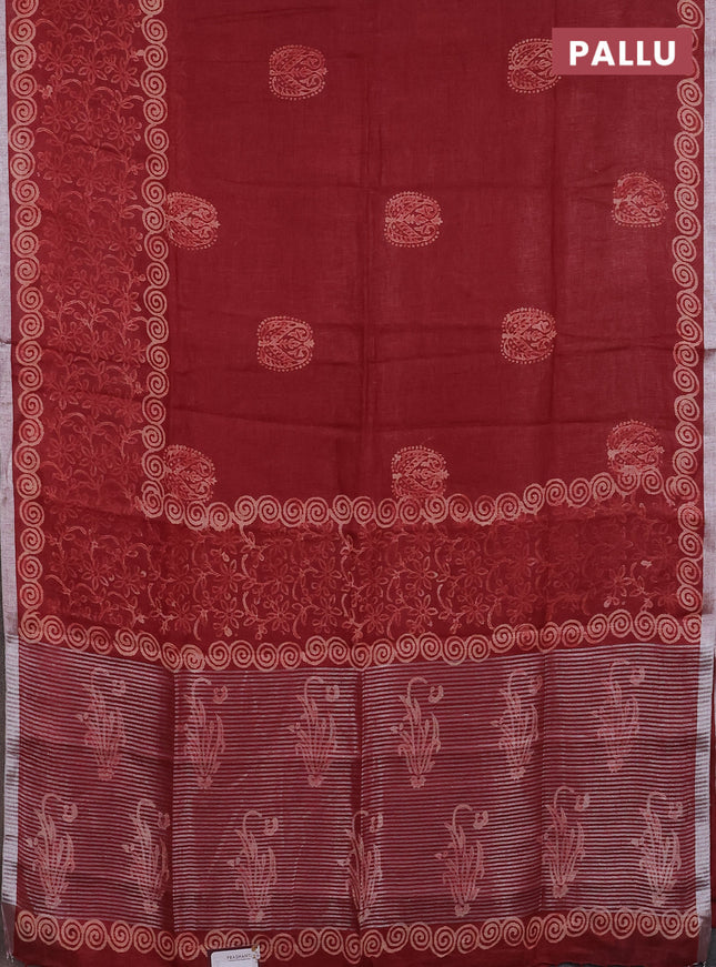 Pure linen saree maroon with allover butta prints and silver zari woven border