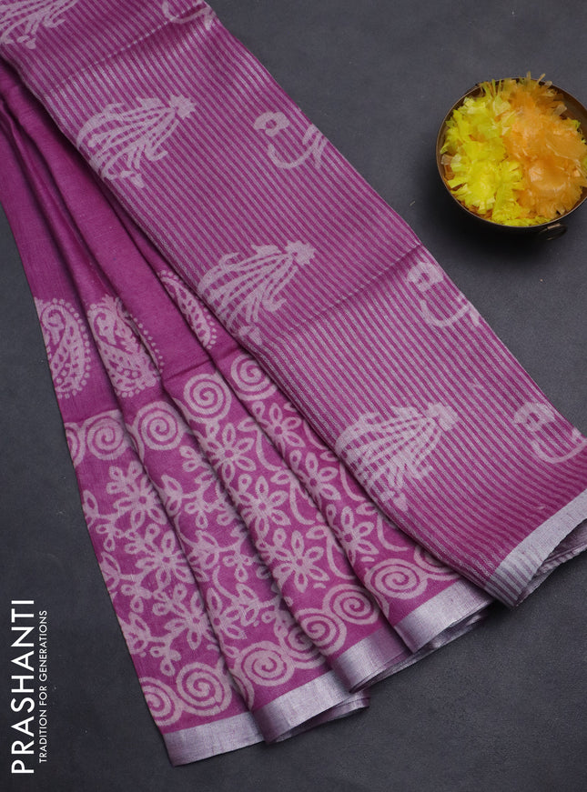 Pure linen saree mauve pink with allover butta prints and silver zari woven border