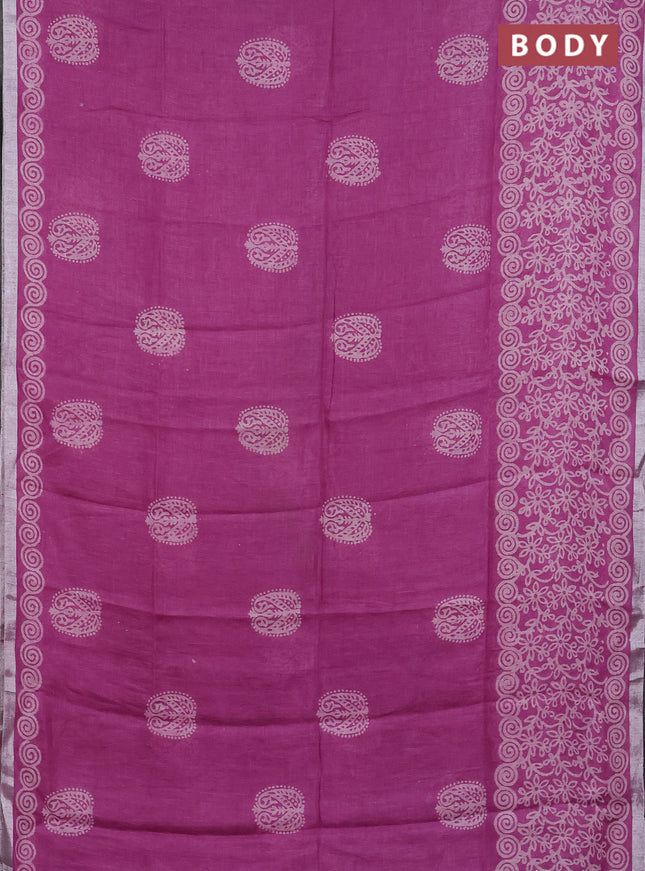 Pure linen saree mauve pink with allover butta prints and silver zari woven border