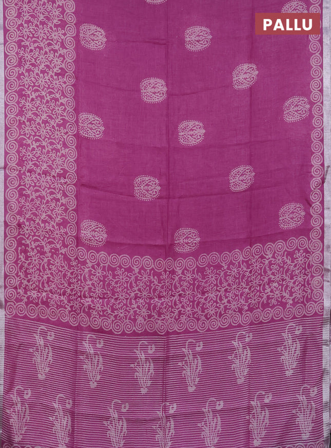 Pure linen saree mauve pink with allover butta prints and silver zari woven border