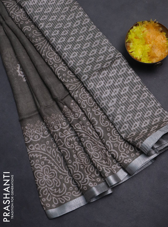 Pure linen saree greyish green with butta prints and silver zari woven border