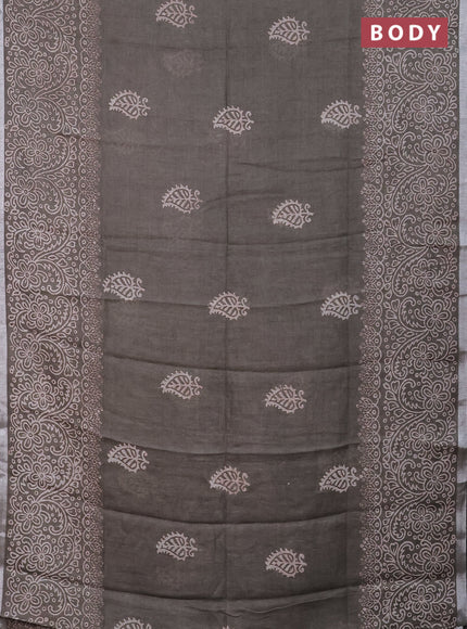 Pure linen saree greyish green with butta prints and silver zari woven border