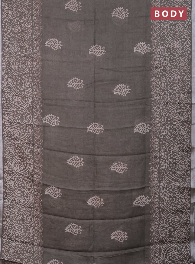 Pure linen saree greyish green with butta prints and silver zari woven border