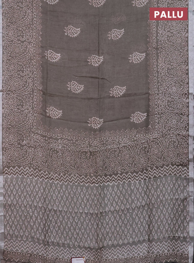 Pure linen saree greyish green with butta prints and silver zari woven border
