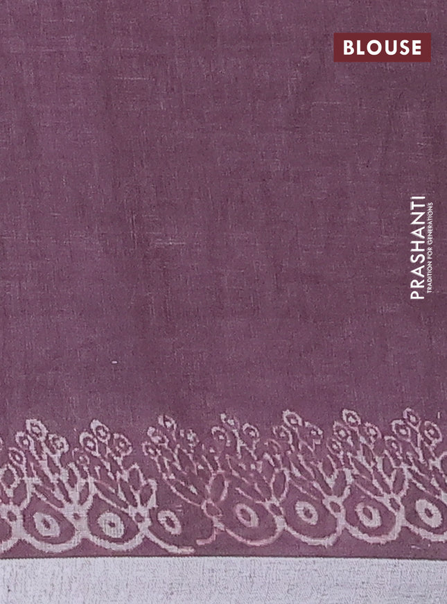 Pure linen saree mild wine shade with butta prints and silver zari woven border