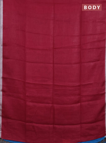 Pure linen saree dark pink and cs blue with plain body and silver zari woven border