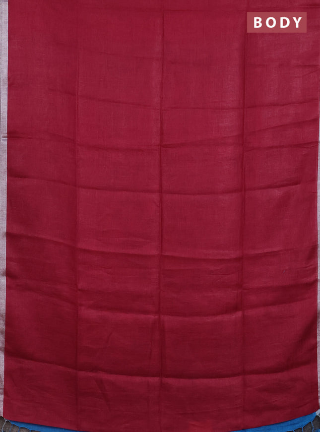 Pure linen saree dark pink and cs blue with plain body and silver zari woven border