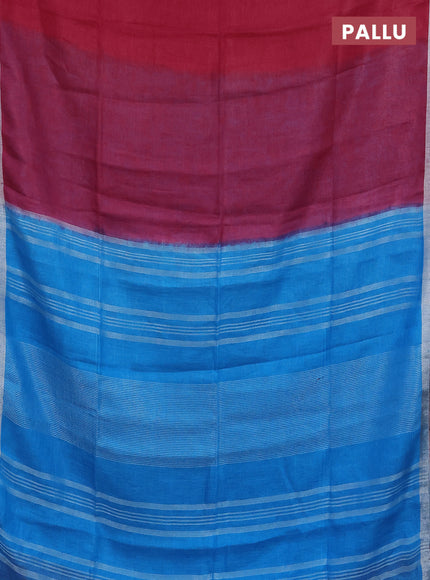 Pure linen saree dark pink and cs blue with plain body and silver zari woven border