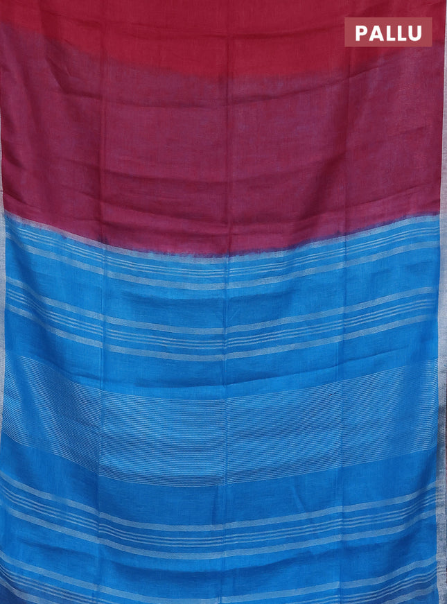 Pure linen saree dark pink and cs blue with plain body and silver zari woven border