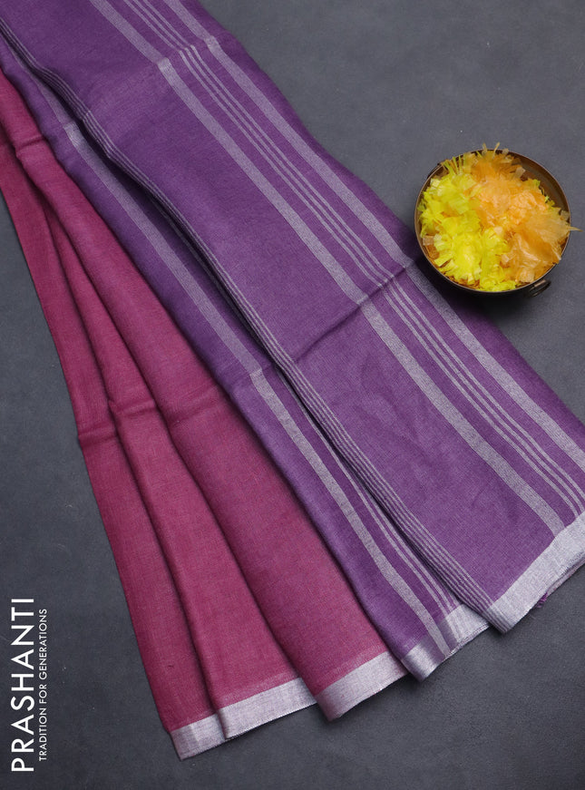 Pure linen saree mauve pink and lavender with plain body and silver zari woven border