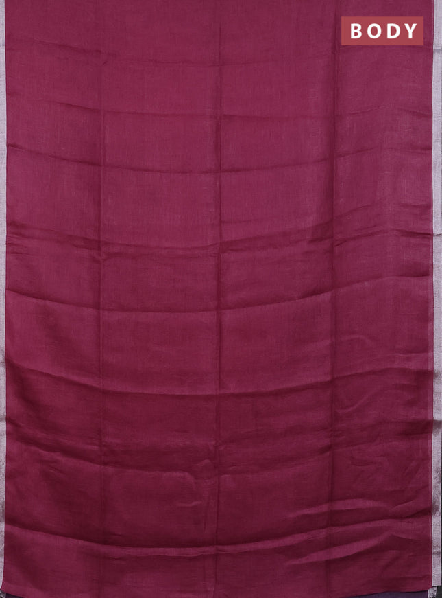 Pure linen saree mauve pink and lavender with plain body and silver zari woven border