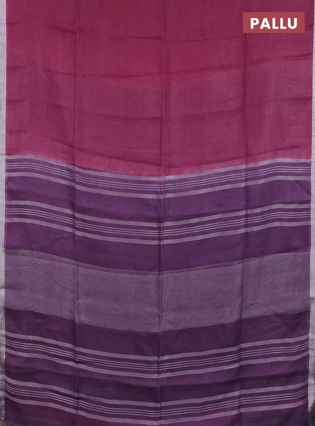Pure linen saree mauve pink and lavender with plain body and silver zari woven border