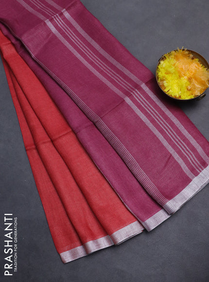 Pure linen saree red and dark pink with plain body and silver zari woven border