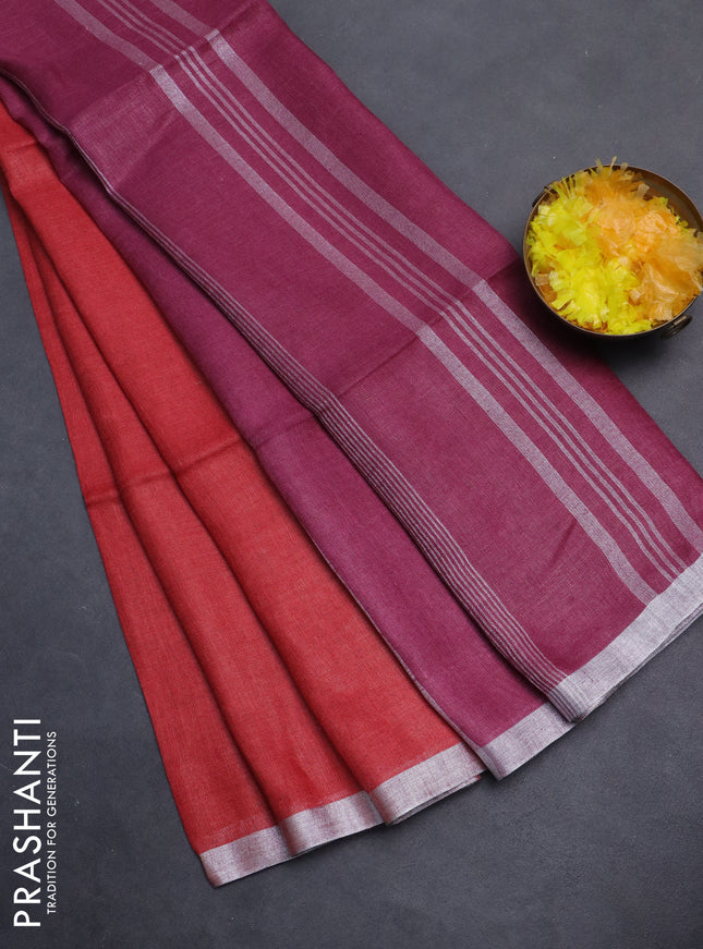Pure linen saree red and dark pink with plain body and silver zari woven border
