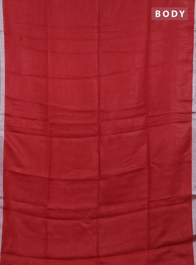 Pure linen saree red and dark pink with plain body and silver zari woven border