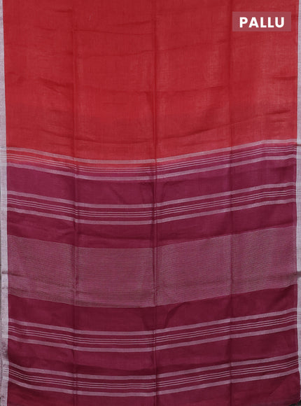 Pure linen saree red and dark pink with plain body and silver zari woven border
