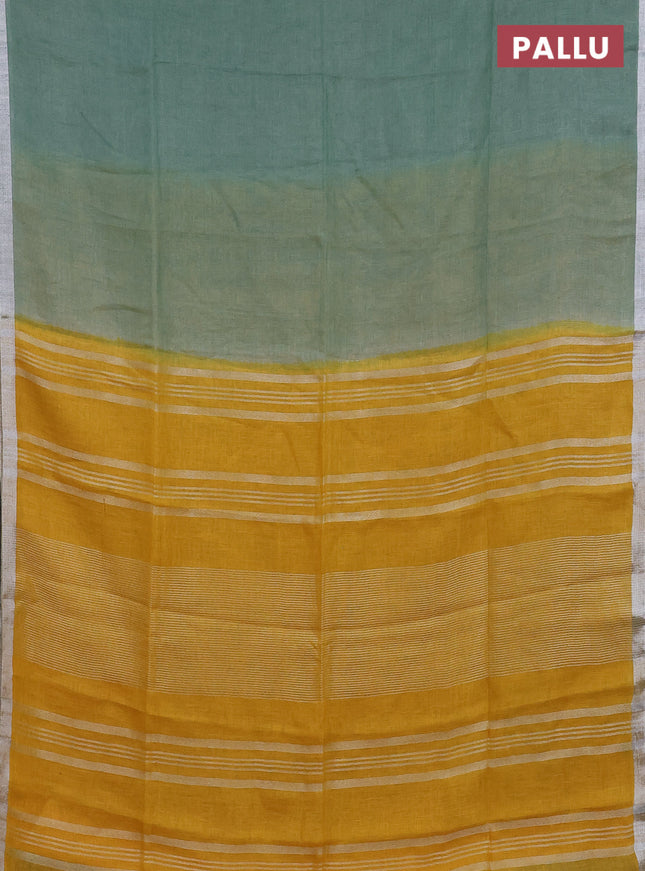 Pure linen saree pastel green and yellow with plain body and silver zari woven border