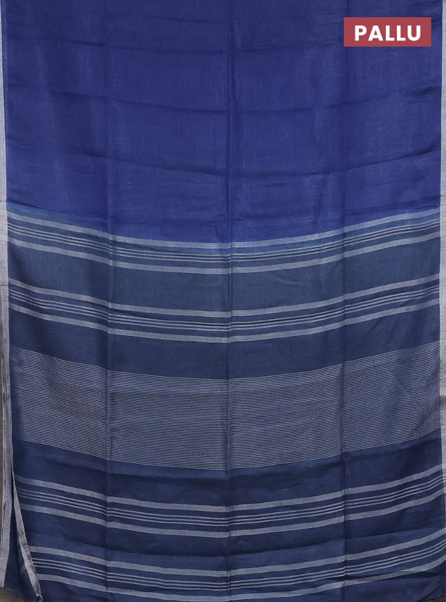 Pure linen saree blue and bluish grey with plain body and silver zari woven border