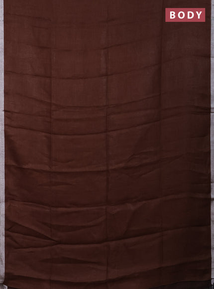 Pure linen saree brown with plain body and silver zari woven border
