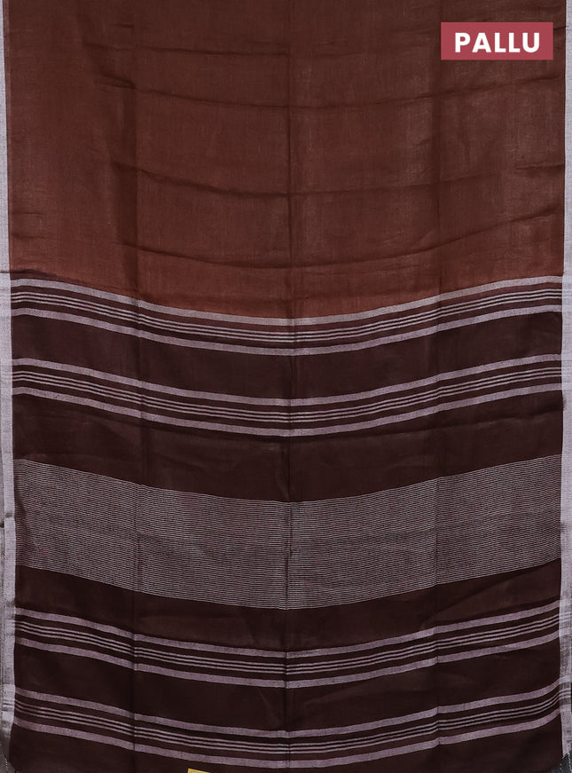 Pure linen saree brown with plain body and silver zari woven border