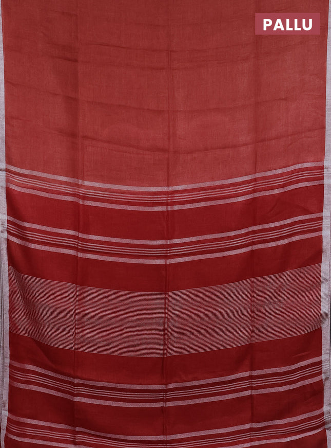 Pure linen saree rust shade and maroon with plain body and silver zari woven border