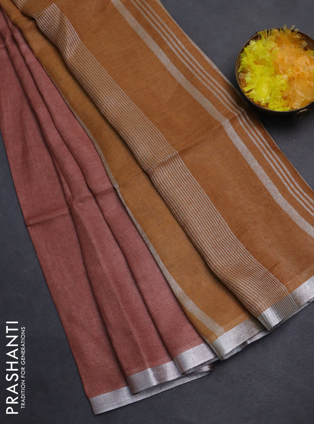 Pure linen saree rustic brown and dark mustard with plain body and silver zari woven border