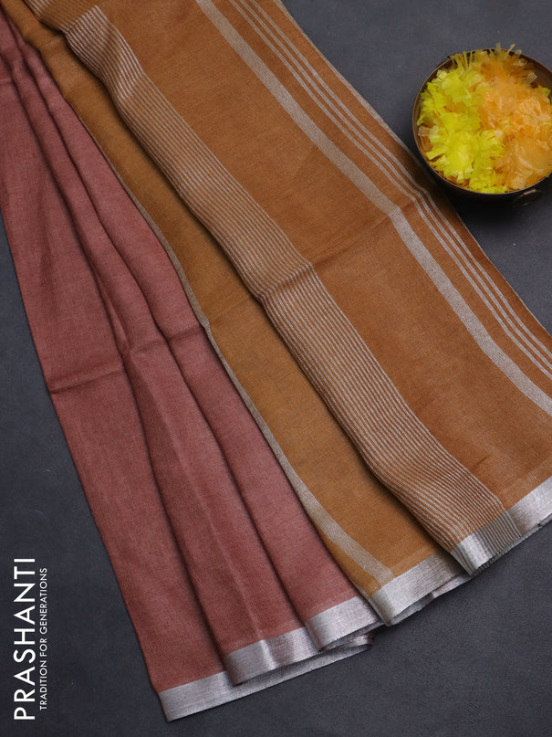 Pure linen saree rustic brown and dark mustard with plain body and silver zari woven border