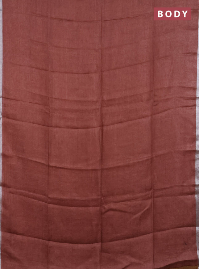 Pure linen saree rustic brown and dark mustard with plain body and silver zari woven border