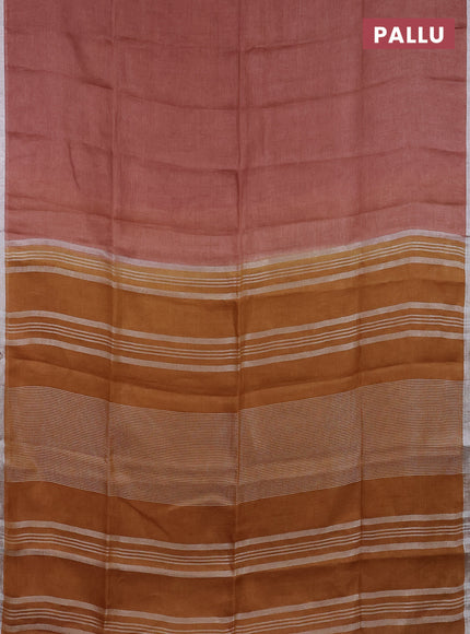 Pure linen saree rustic brown and dark mustard with plain body and silver zari woven border