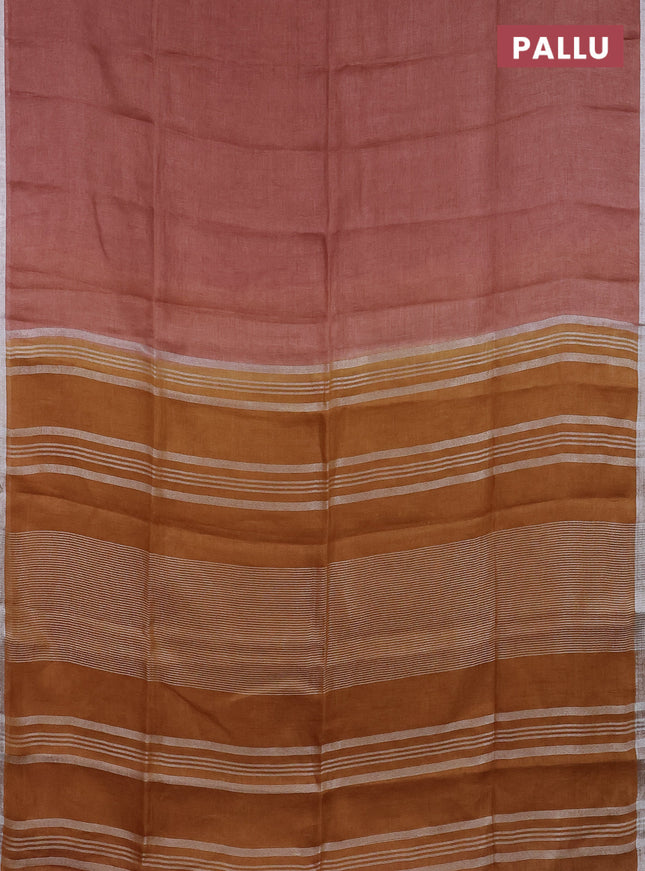 Pure linen saree rustic brown and dark mustard with plain body and silver zari woven border