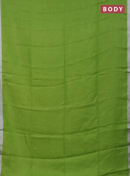 Pure linen saree light green and lime yellow with plain body and silver zari woven border
