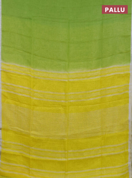 Pure linen saree light green and lime yellow with plain body and silver zari woven border