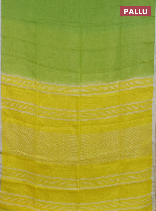 Pure linen saree light green and lime yellow with plain body and silver zari woven border