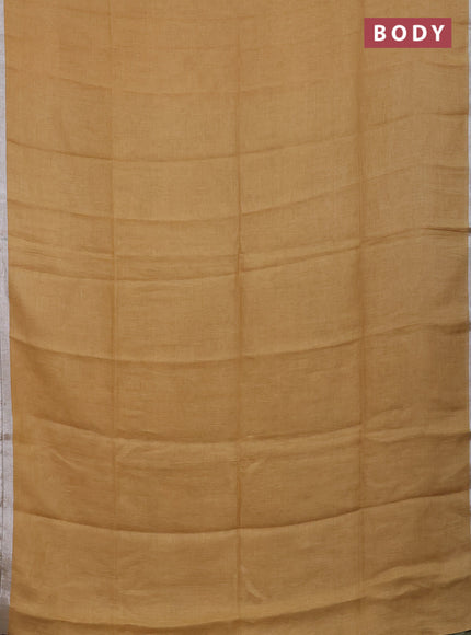 Pure linen saree sandal and pastel green with plain body and silver zari woven border