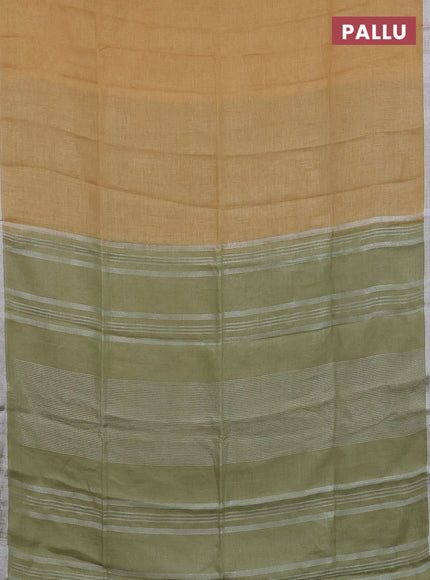 Pure linen saree sandal and pastel green with plain body and silver zari woven border