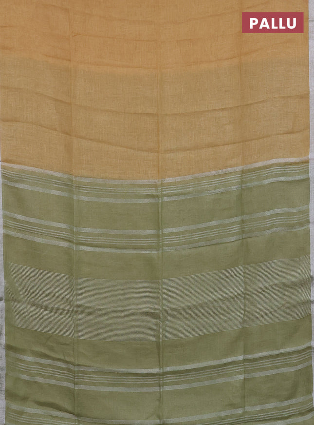 Pure linen saree sandal and pastel green with plain body and silver zari woven border