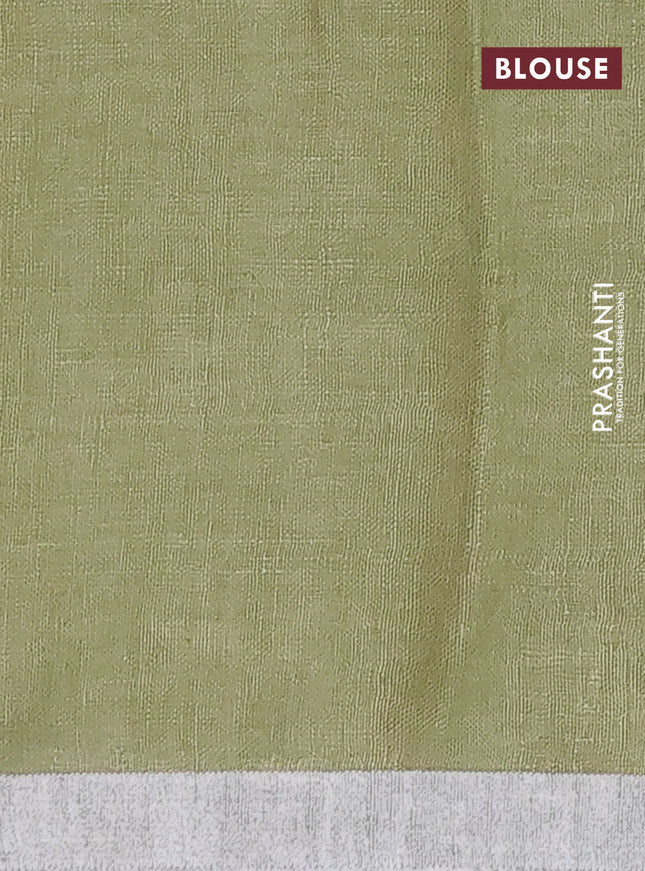 Pure linen saree sandal and pastel green with plain body and silver zari woven border