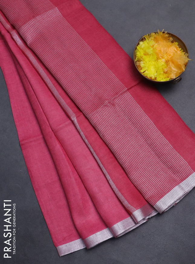 Pure linen saree peach pink and pink with plain body and silver zari woven border